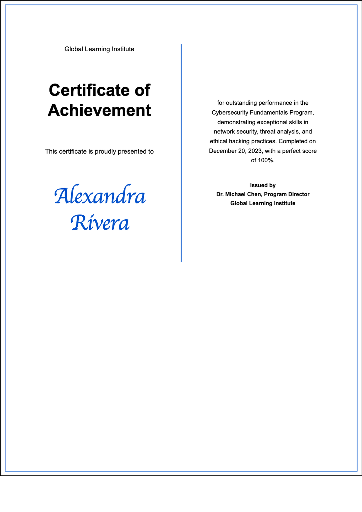 PikMaker certificate of achievement with blue script name and dual border_variant_1